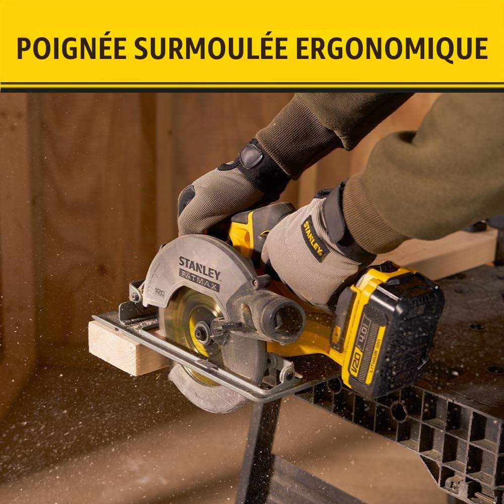 Stanley FATMAX Scie circulaire Sans Fil 18V Lithium Ion Moteur Brushless 165mm Vitesse 4000 trs/mn Coupes biaises jusqu'à 50° Sans Batterie Ni Chargeur Gamme FATMAX V20 SFMCS500B-XJ