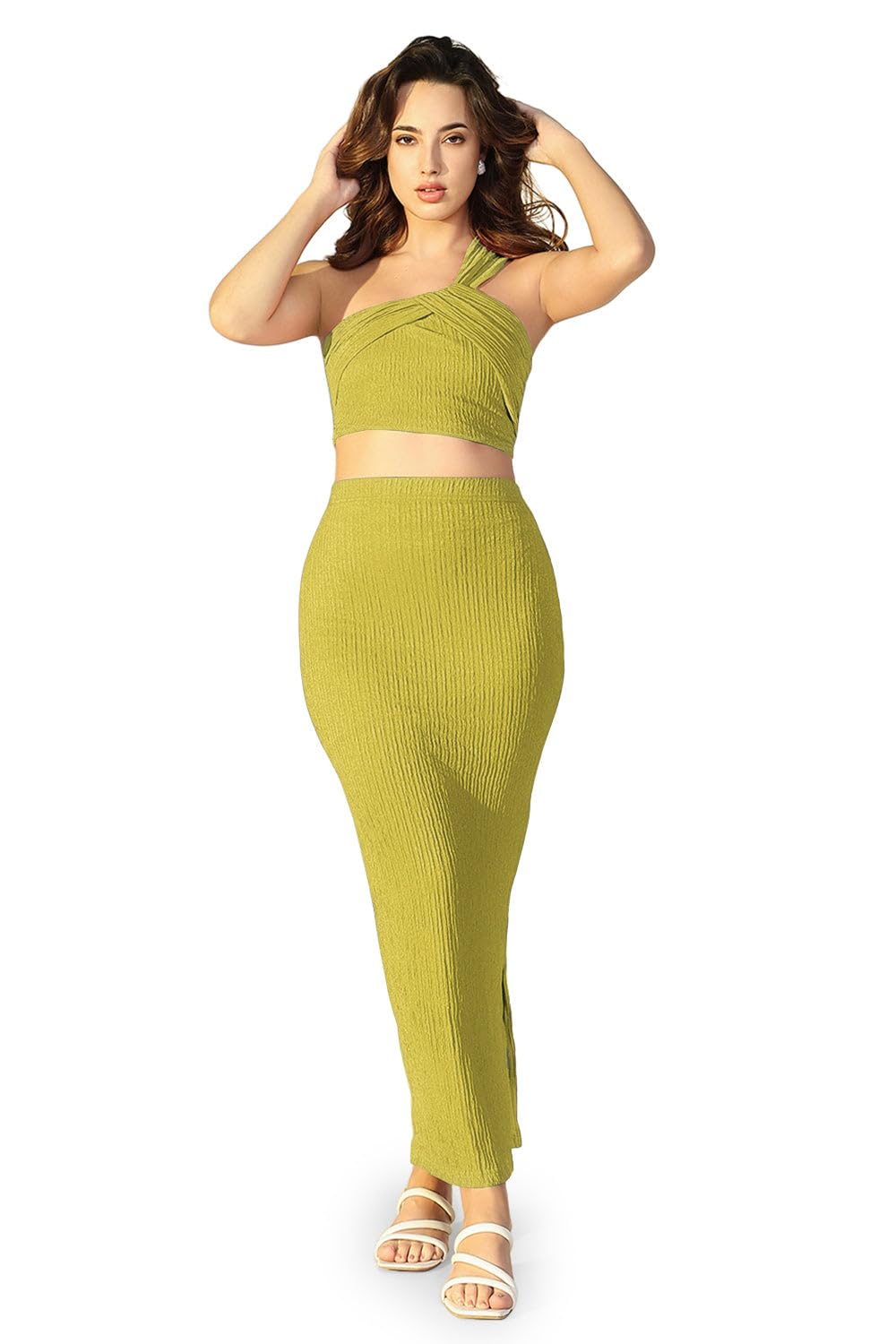 Edition Women’s Textured Green One-Shoulder Crop Top & Skirt Co-Ord Set-CHN-2323_Green-image-21