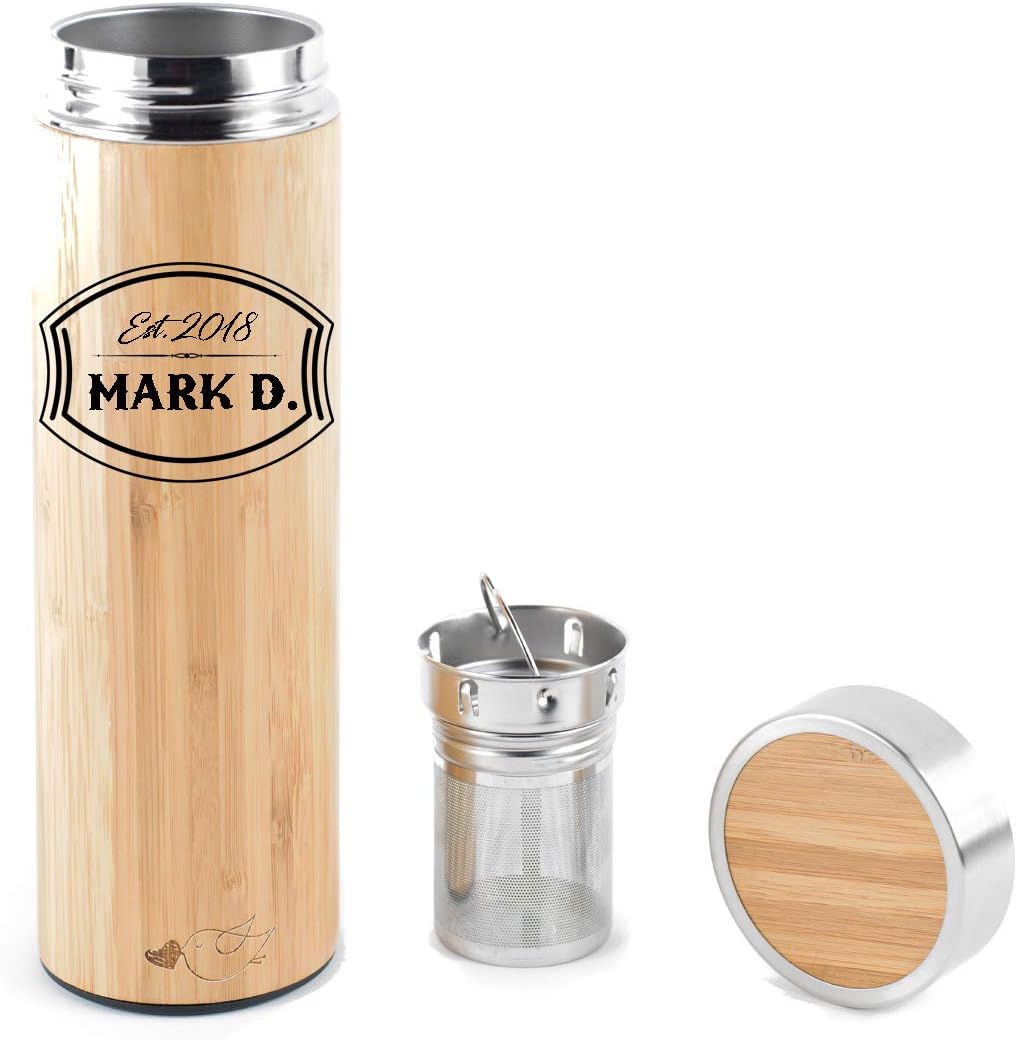 Personalized | Bamboo Tumbler with Tea Infuser | 17oz - 500ml Stainless Steel Water Bottle | Coffee Travel Mug