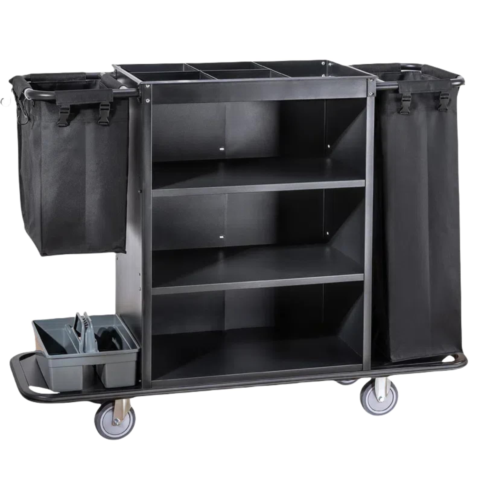 Hotel Servicewagen Multifunktional, Reinigungswagen mit Stofftasche, Mehrstufiger Lagerung, Leise Rollen, Schwarz, 55×18×44in