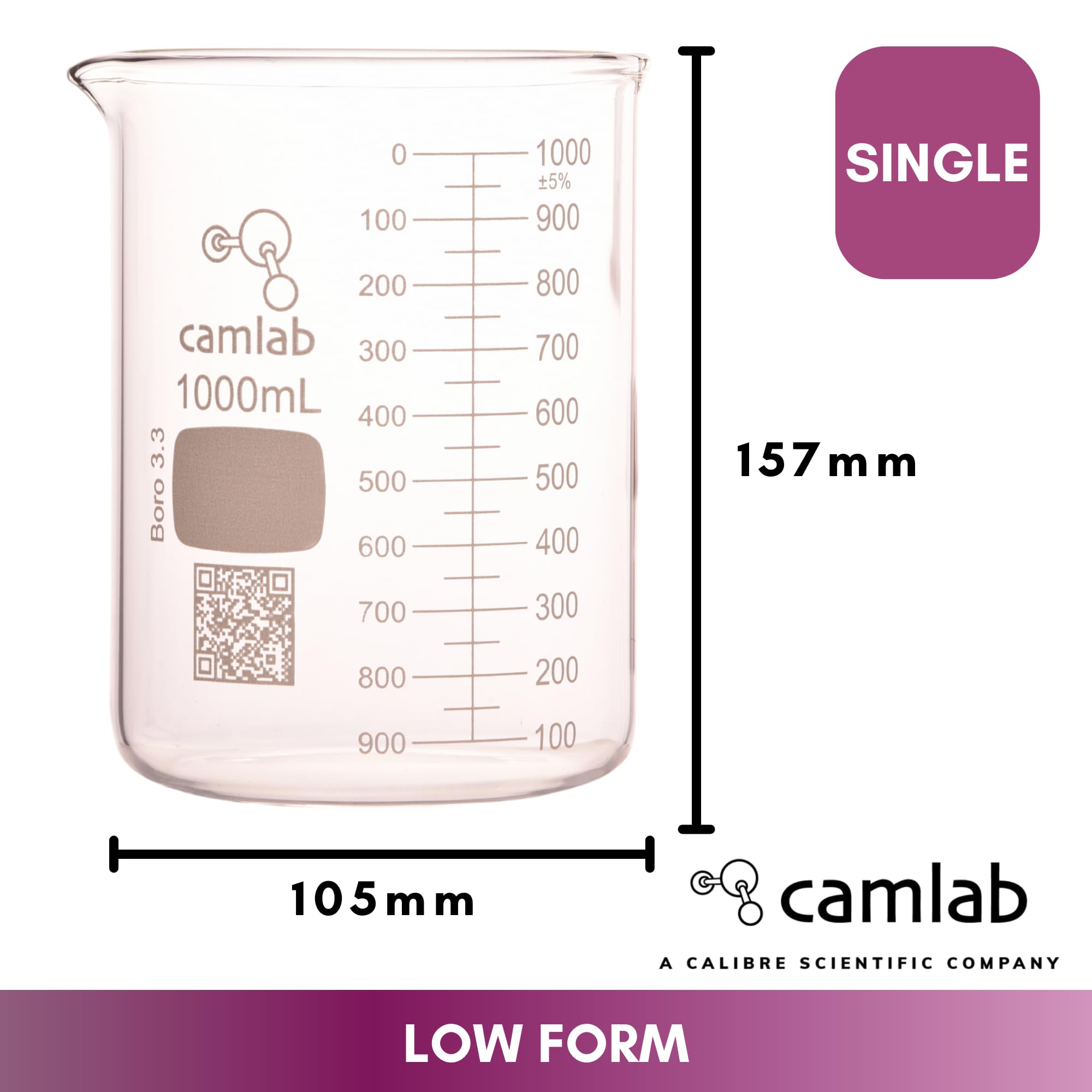 Bicchiere graduato in vetro borosilicato 3,3, forma bassa, con beccuccio, becher Griffin, chimicamente resistente e resistente al calore, bicchiere in vetro da 1000 ml, confezione da 1