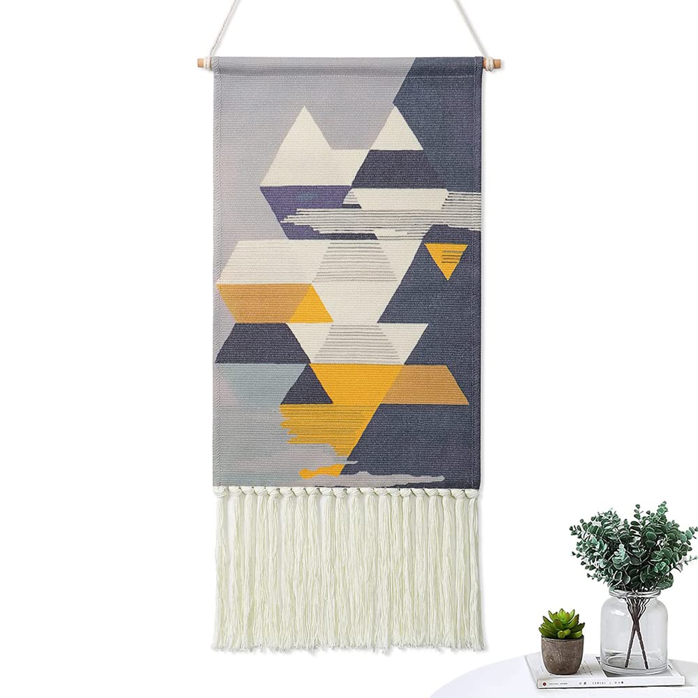 KASTWAVE Macrame Woven Wall Hanging Tapestry Gray & Blue Geometric Home Decor Boho Chic Art Decor Bohemian Wall Art for Apartment Dorm Room Wedding Backdrop (Grey-Geometry)