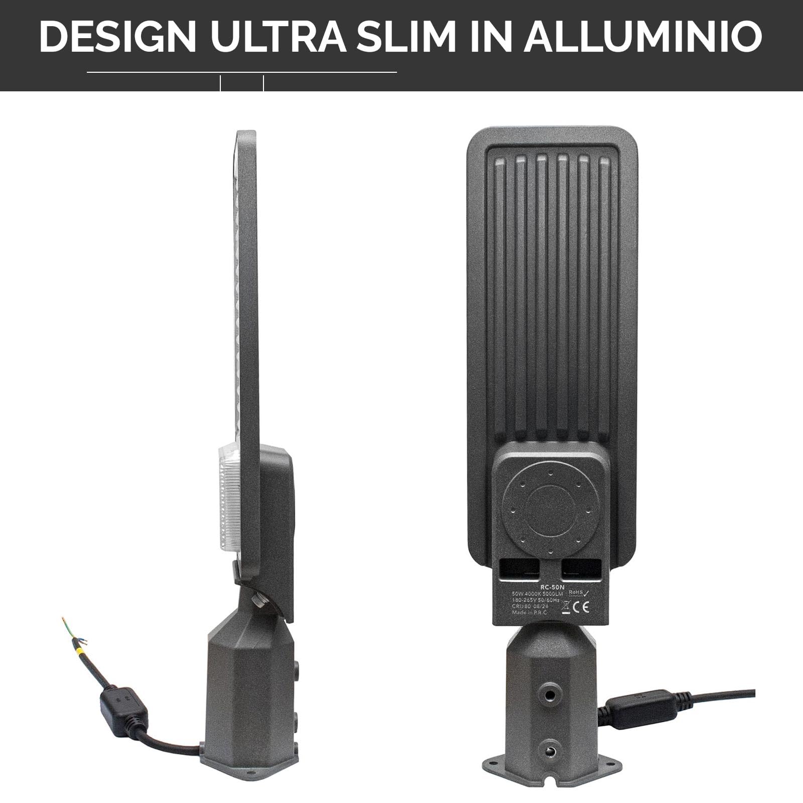 Planetitaly Faro Armatura Luce Stradale IP65 Lampione LED 50W inclinabile 90° Led 4000K 5000lm 230V, Ideale per Campi da Calcio, Tennis, Padel, Giardino, Garage, Parcheggio, Viale, Luce di Sicurezza