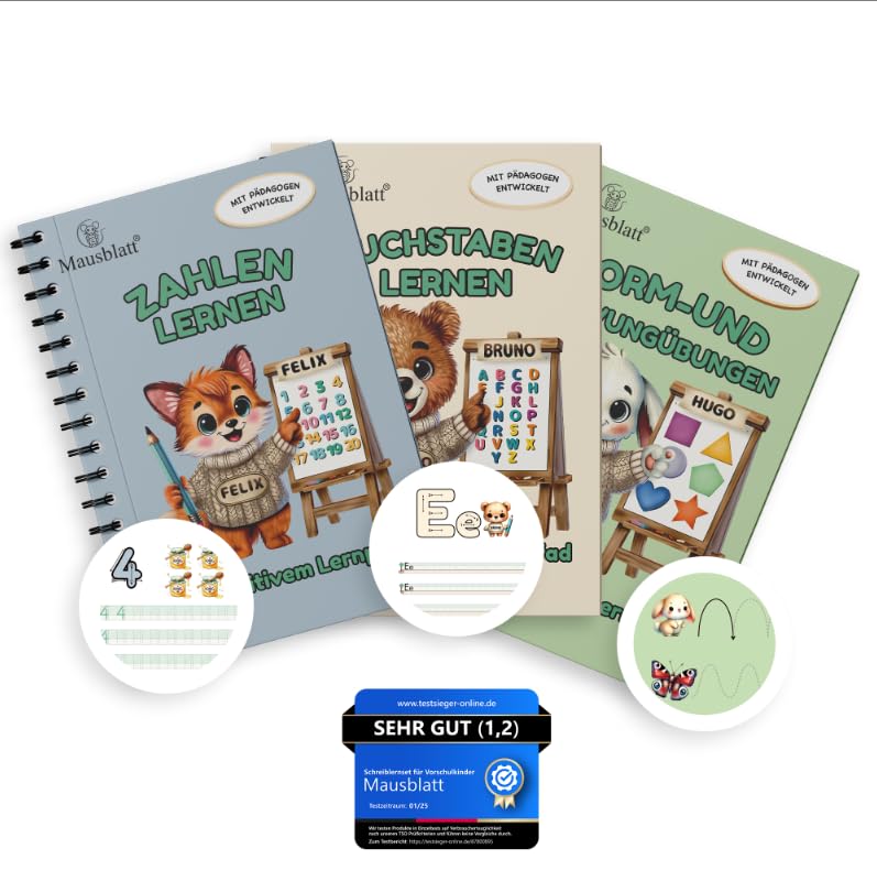 Mausblatt® 3er Set Buchstaben lernen ab 4 - Zahlen lernen ab 4 - Form- und Schwungübungen ab 4 - Vorschule Übungshefte ab 4 5 6 Junge & Mädchen - lesen lernen Vorschule - Schreiben lernen ab 4