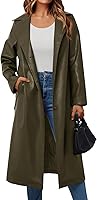TrendyQueen Women's Faux Leather Long Trench Coat Jacket with Belt - Open Front Lapel Peacoat Blazer for Fall