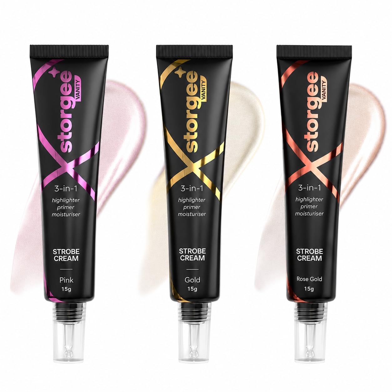 3-in-1 Strobe Cream, Highlighter Primer Moisturiser, Pink, Rose Gold, Golden, 15g Each, Combo Pack of 3-image-10