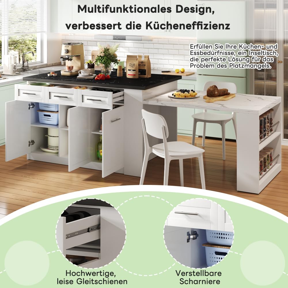 Seyakany Îlot de Cuisine Multifonctionnel avec Table à Manger Extensible Blanche de 150 cm + 96 cm, Plan de Travail/Table en Bois marbré Noir/Blanc, armoires de Rangement intégrées
