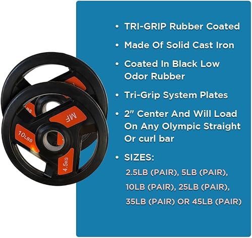 Miniatura 5 de Pares de placas olímpicas Tri-Grip desarrolla músculo y fuerza con placas de 10 libras recubiertas de goma, perfectas para entrenamientos de