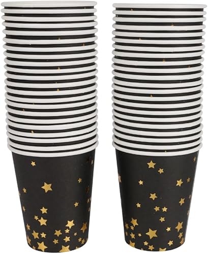 Miniatura 1 de Geeklife Vasos de papel de estrellas negras y doradas, juego de tazas decorativas desechables de 9 onzas, suministros de fiesta de papel de aluminio