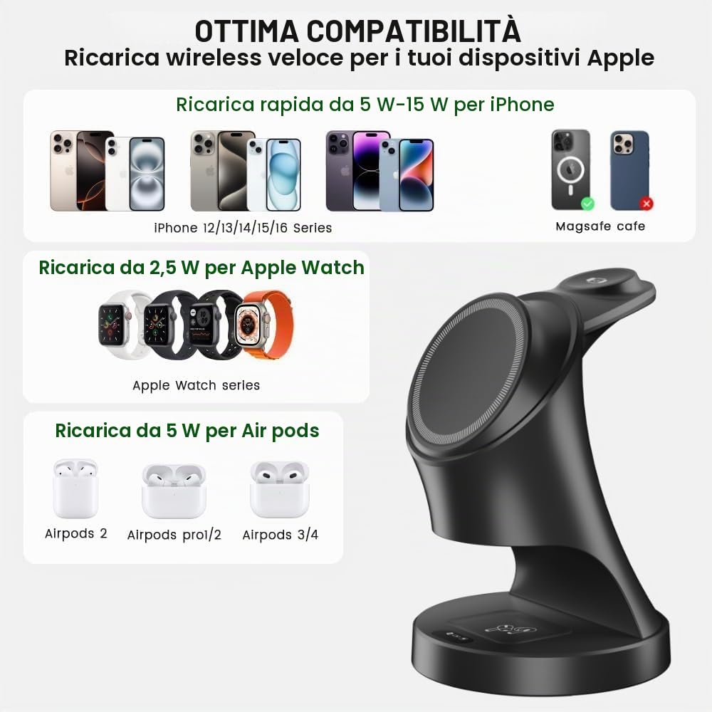 Stazione di ricarica per Apple Watch e iPhone, stazione di ricarica induttiva 3 in 1 con caricatore Magsafe Wireless Charger compatibile con iPhone 17 16 15 14 13 12 Air/Pro Max, per Apple Watch e
