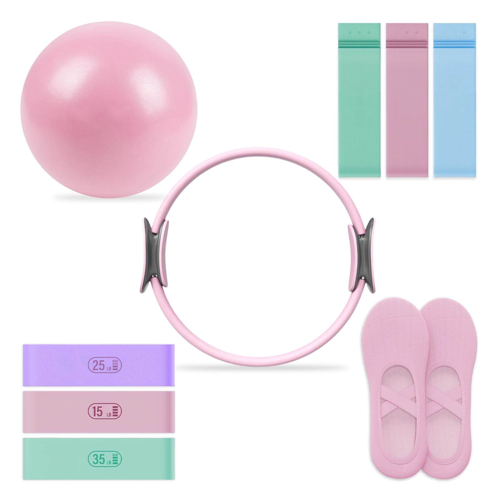 Pilates Essential Kit - Portable Fitness Equipment - with Toning Pilates Ring & Long Resistance Bands & Pilates Loop Bands & Soft Pilates Ball & Pilates Grip Socks