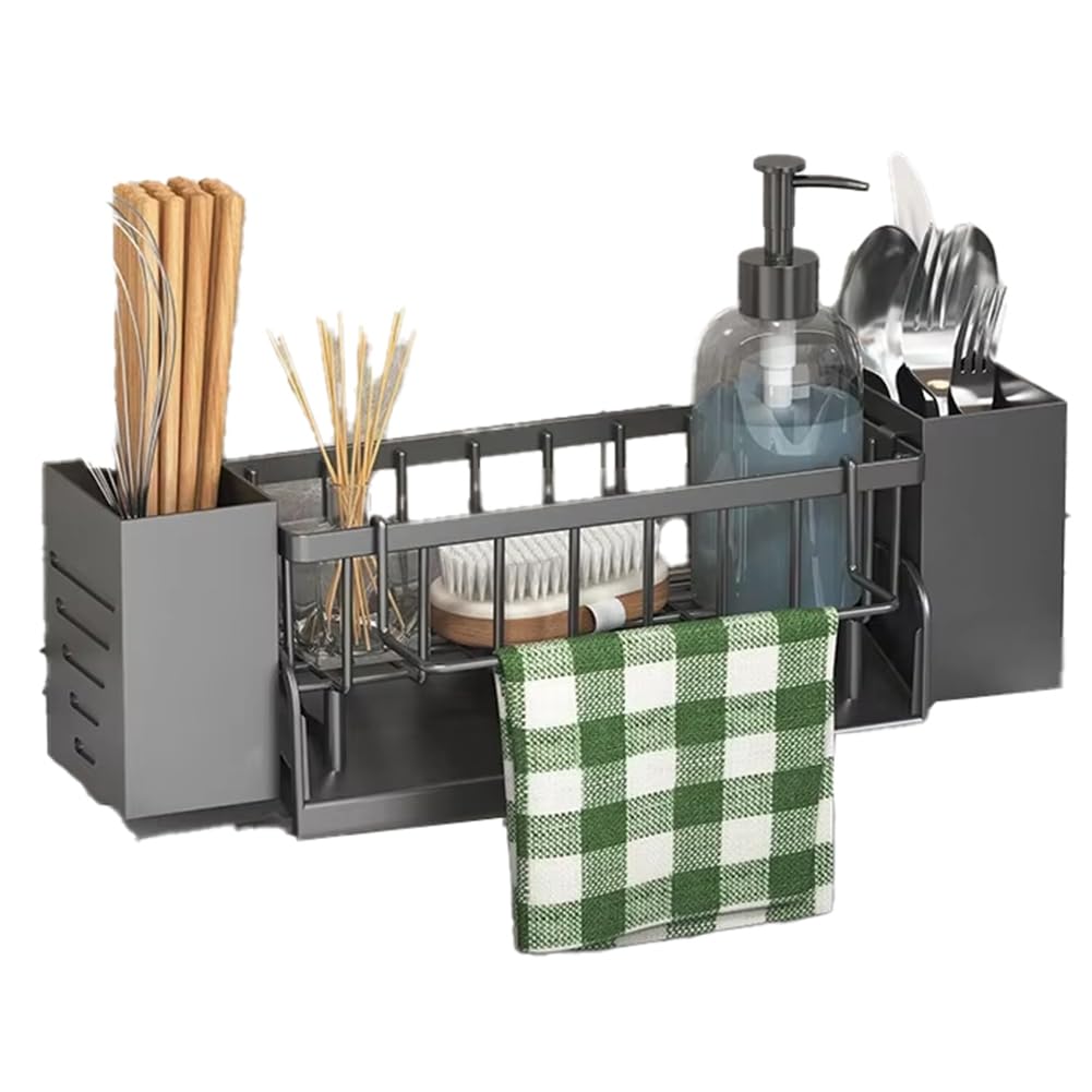 CTRLZS Kitchen Sink Organizer Rack - Plastic Self-Draining Shelf for Soap, Sponge, Dishcloth, Towel, with Filter Basket B