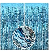 AIQINHU Blue Tinsel Foil Fringe Curtain Backdrop, 3.3 X 8.2 Ft Metal