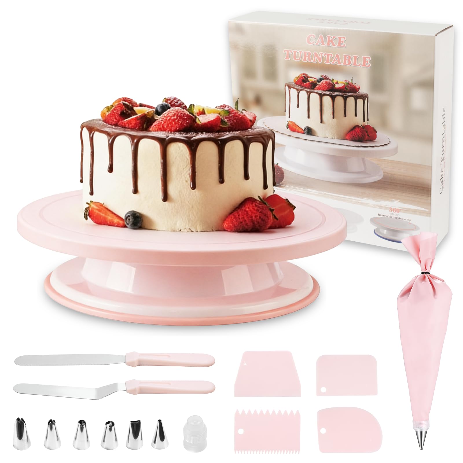 JUYUANXIN 1 Plato Giratorio para Tartas, Plato Giratorio Decoración Pasteles, decoración pastel kit, accesorios para tartas, con 2 espátulas 6", 4 raspadores, 8 mangas pasteleras con boquillas (rosa)
