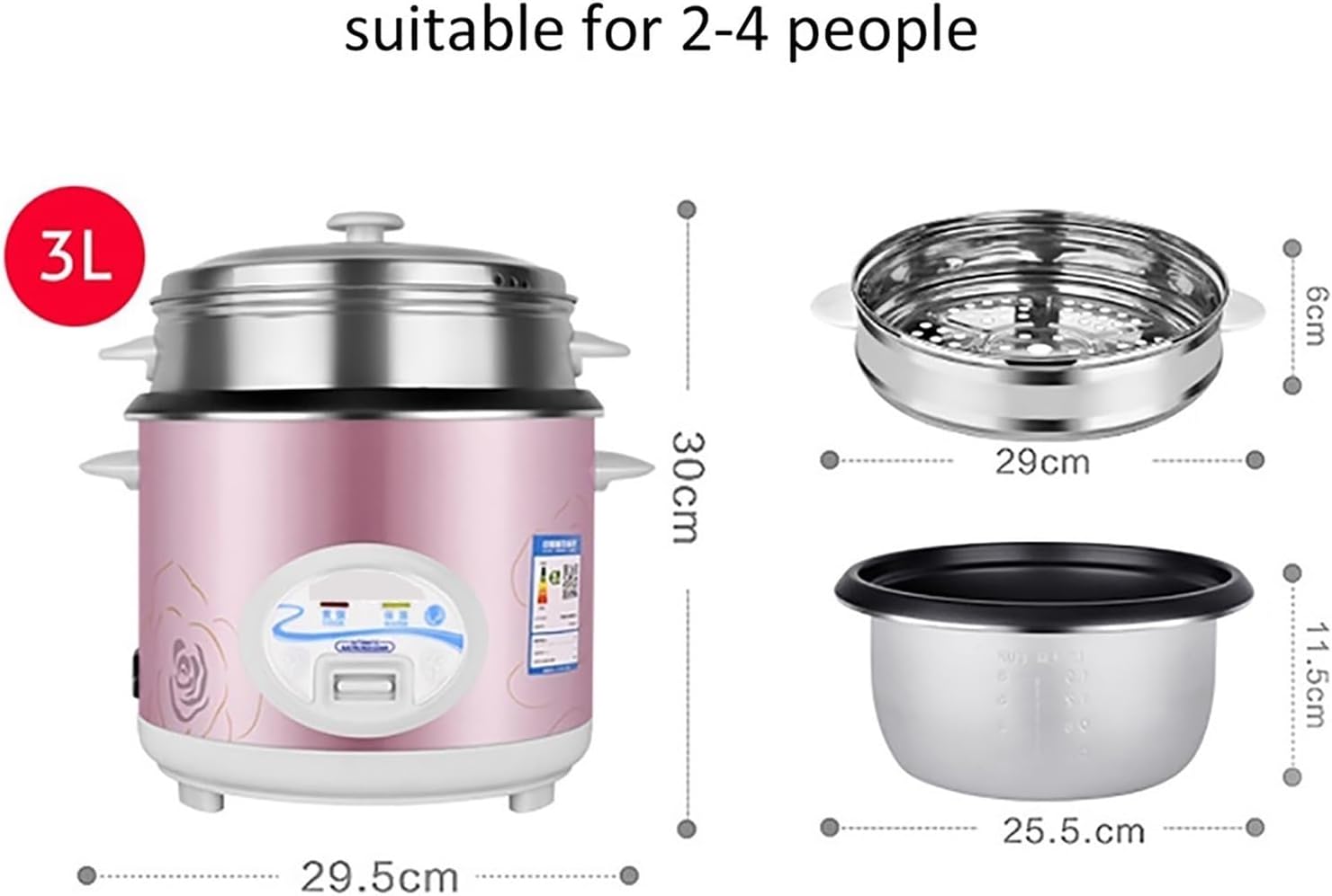 Rice Cooker (2/3/4/5L) Household Non-stick Rice Cooker, with Steamer and Warm Function, for 1-8 People 220-240V US/EU(4L-700W)