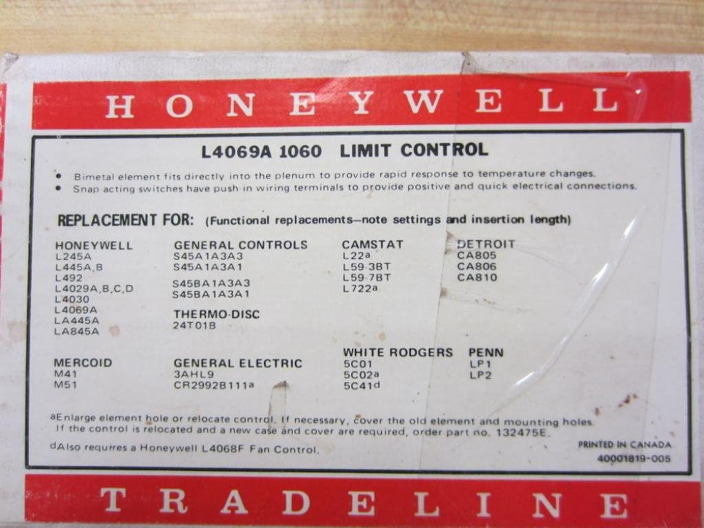 Honeywell L4069A-1060 Fan Limit Control packaging showing range and insertion details