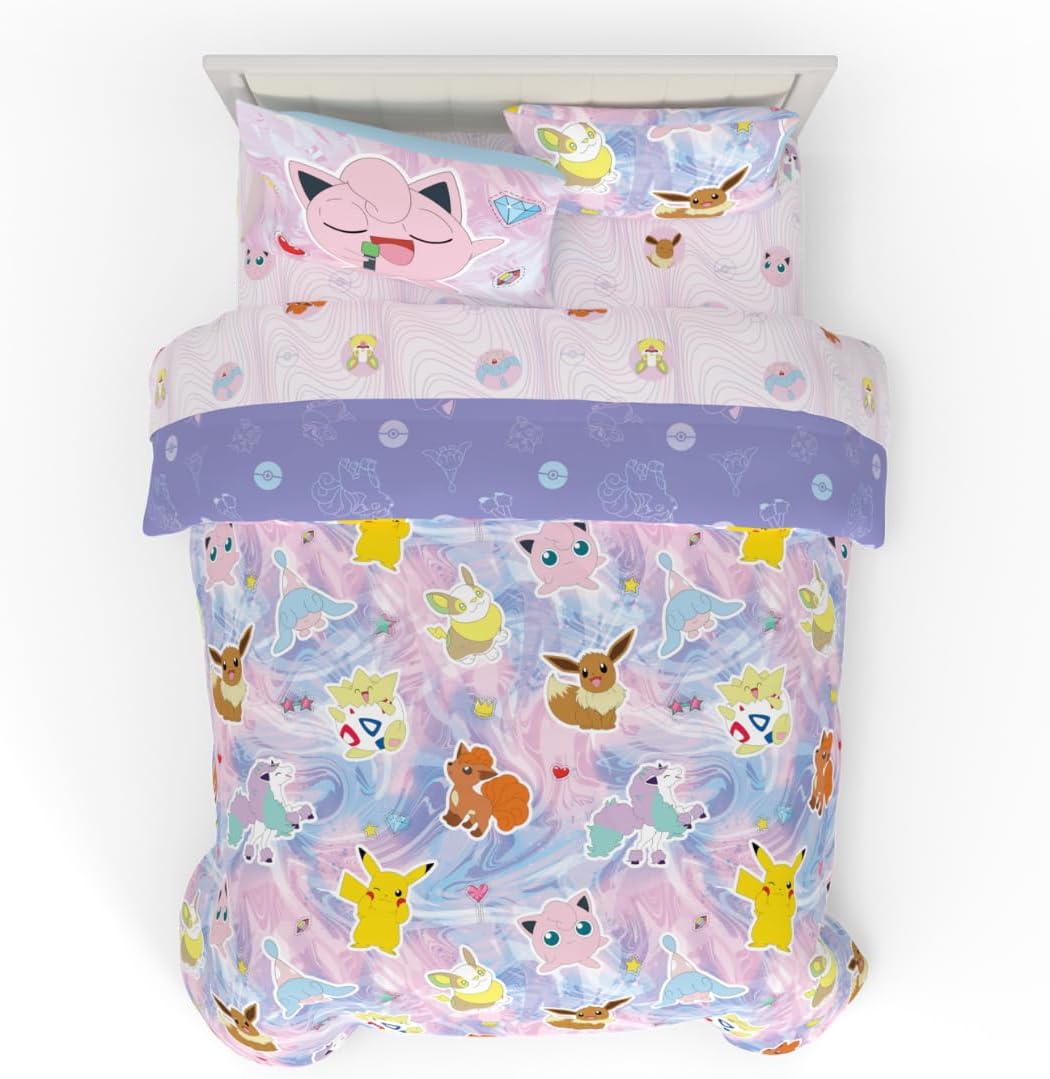 - Pokémon Eevee, Pikachu, Jigglypuff Girl Bedding Soft Cozy Reversible Microfiber Comforter and Sheet Set with Sham, 7 Piece Full Size, (Official Licensed Product) by Franco Kids
