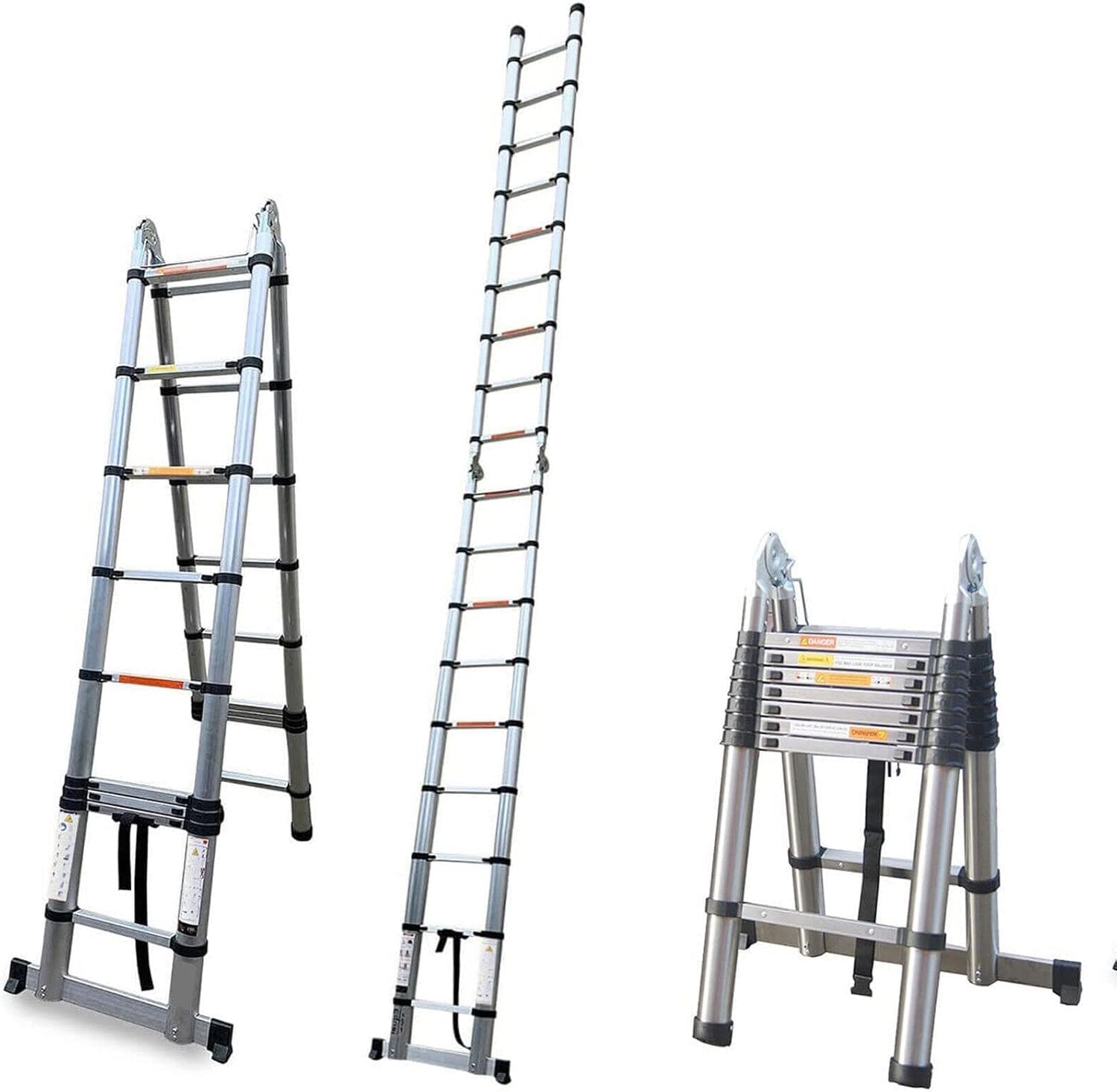 Escalera telescópica de 5 m, plegable, extensible, multiusos, acero inoxidable, 16,5 pies, escalera plegable de acero inoxidable EN131, segura estándar 330 LB, capacidad de carga (2,5 m + 2,5 m)