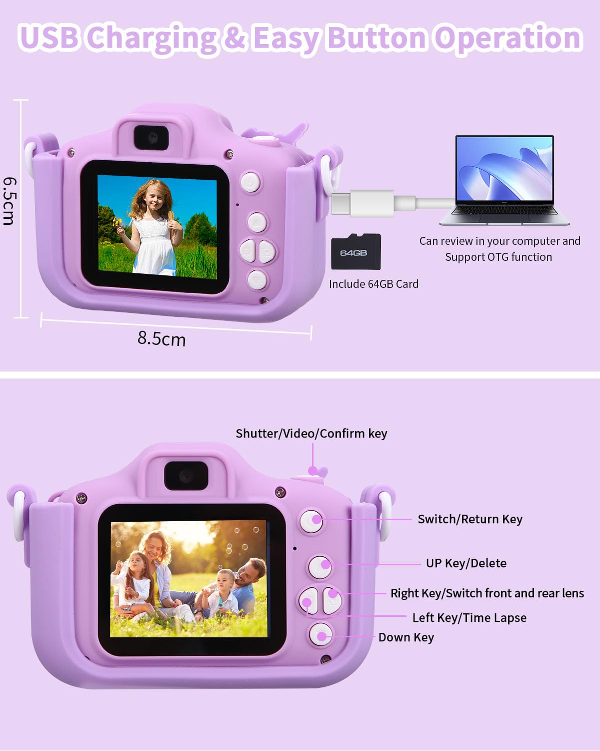 Aparat dla dzieci Azyvum, kamera cyfrowa 1080p, ekran 2,0" IPS, 64 GB, selfie, 3-12 lat, chłopcy i dziewczynki, prezent urodzinowy, Boże Narodzenie