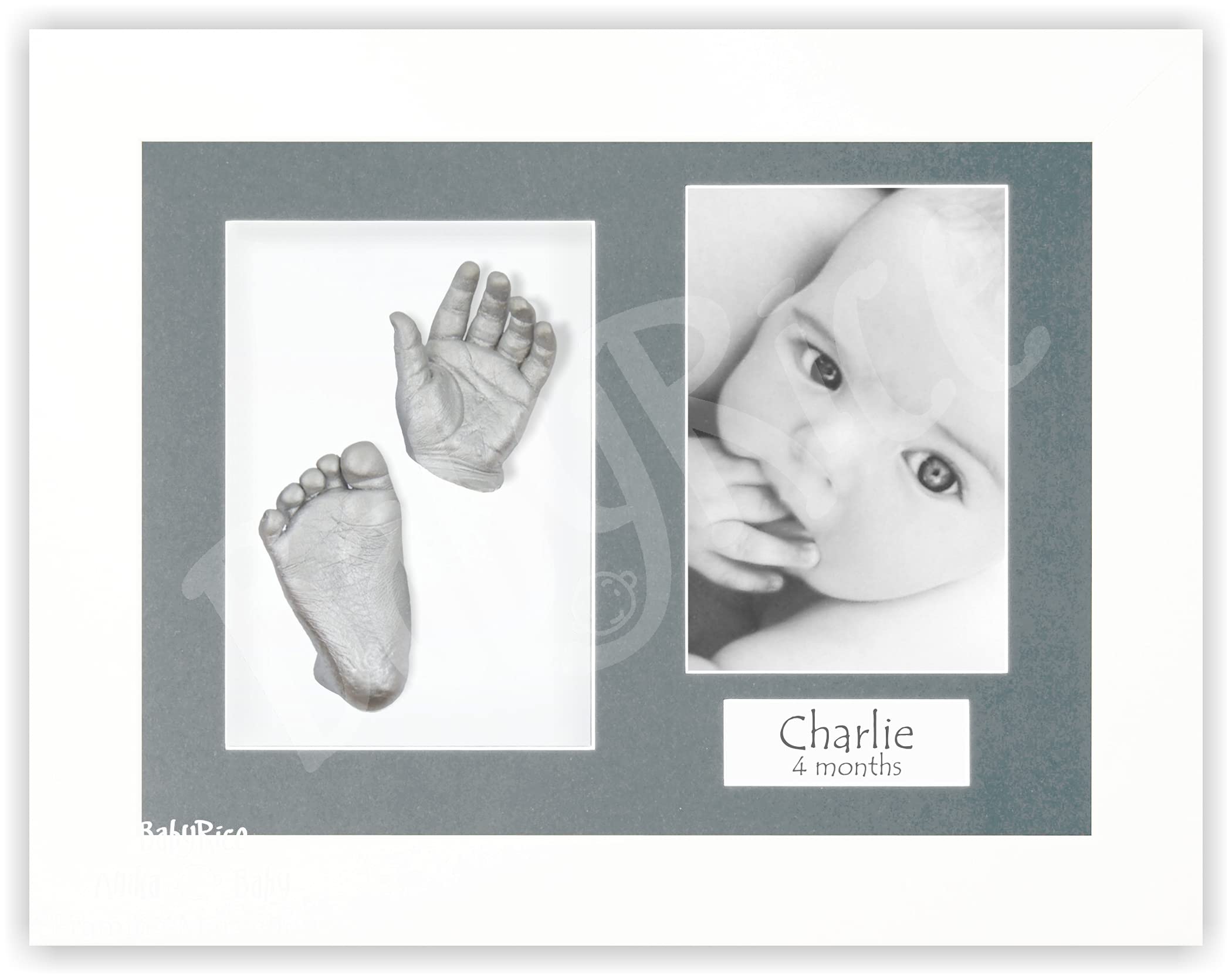 BabyRice Baby Casting Kit with White 12x9 Shadow Box Display Frame, Silver Paint for Hand, Foot Casts (Dark Grey/White)