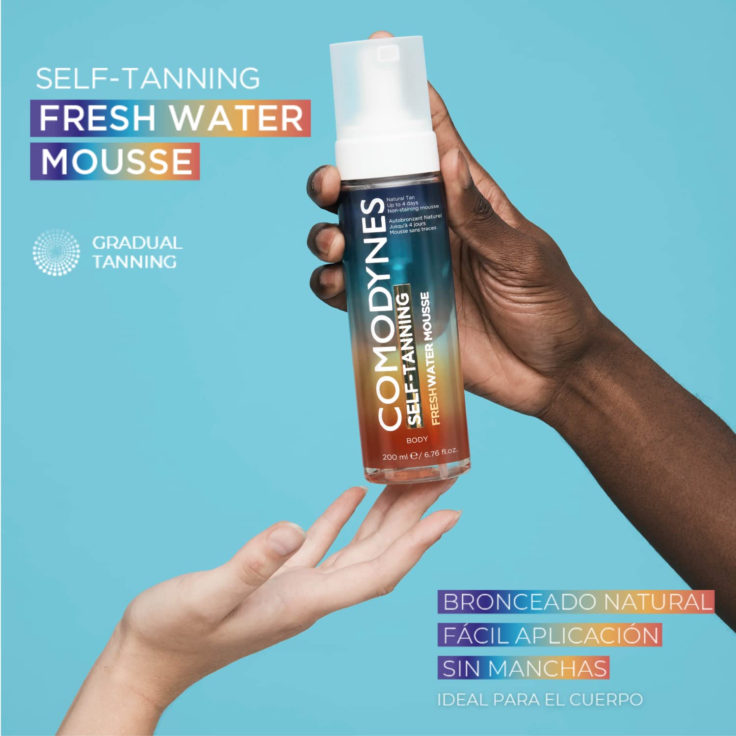 Comodynes - Self-Tanning Fresh Water Mousse, Mousse Autobronceador con DHA Vegetal, Butilenglicol, Bronceado Dorado y Natural, para Rostro y Cuerpo, Vegano - 200 ml
