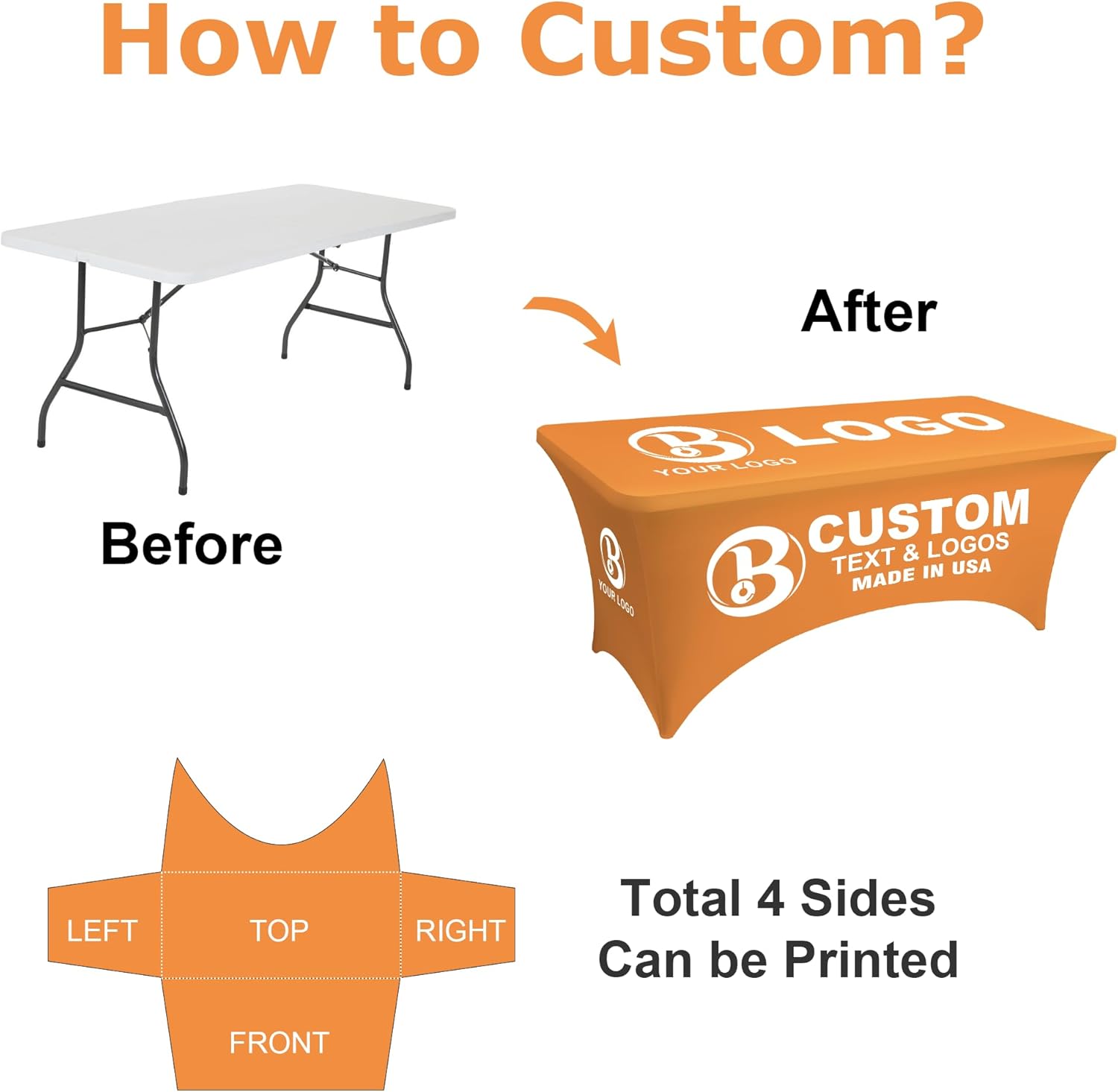 Custom Table Cloth with Business Logo, Custom Stretch Table Cloth 4FT 5FT 6FT 8FT 10FT Table for Tradeshow Events Birthday Wedding Anniversary Promotions (4FT Open Back)