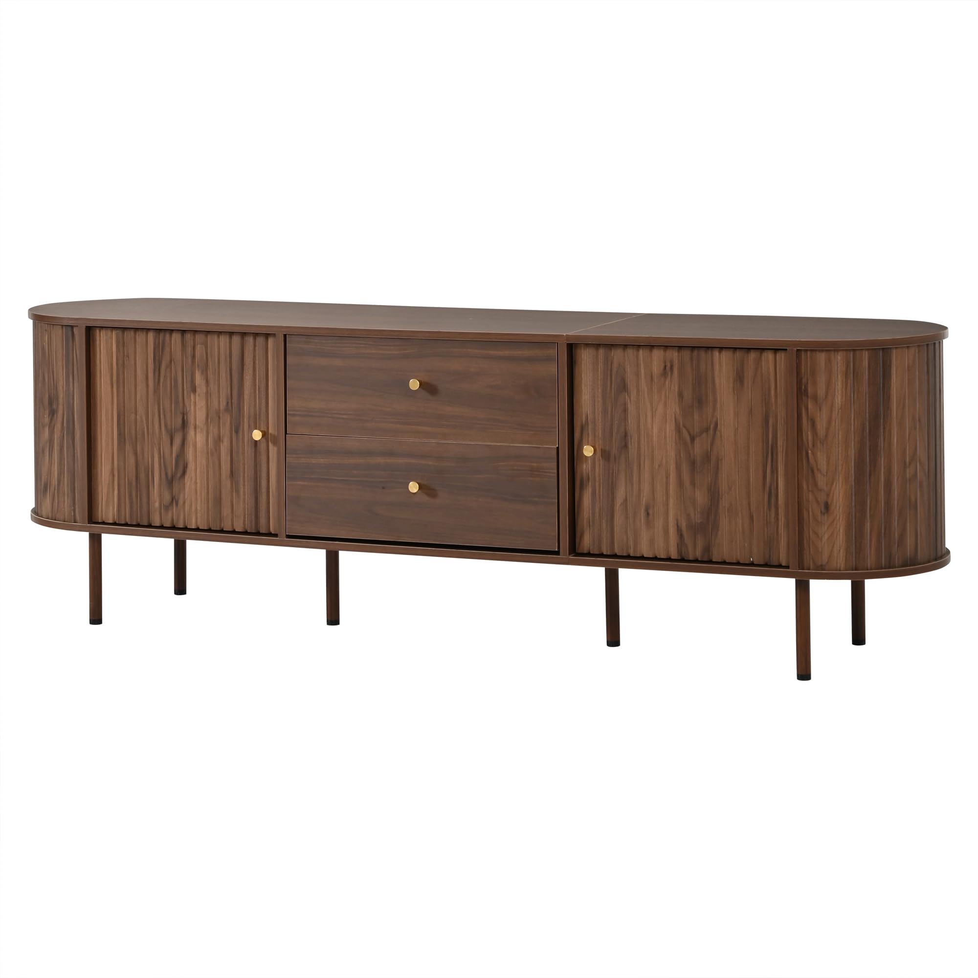 180 cm TV Schrank, Ovaler Lowboard mit Schiebetüren für Wohnzimmer | TV Bänke 180x40x58cm, Ovaler Schrank mit Schiebetüren und 2 Schubladen, TV-Möbel in Holzoptik