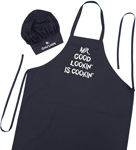 Juego de delantal y sombrero de chef Mr. Good Lookin' Is Cookin', negro, regalo de barbacoa para hombres, delantales divertidos para hombres