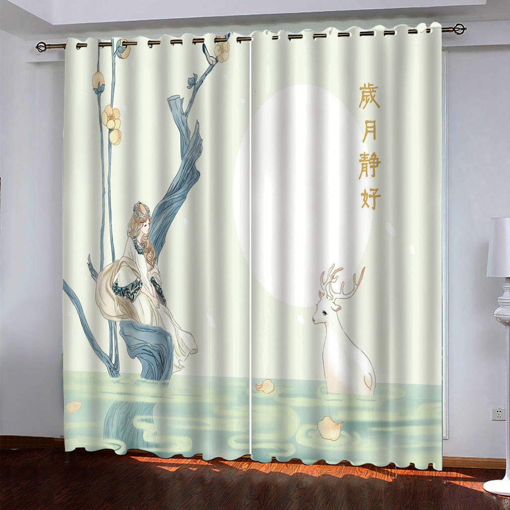 Cortinas Dormitorio Juvenil 160x200 Cm Térmicas Cortina Salon Dormitorio Moderno Con Ojales 2 Paneles 3D Alce, Una Chica De Dibujos Animados Cortina Opaca Juvenil Sala Estar Niño, Cortinas Ventana A