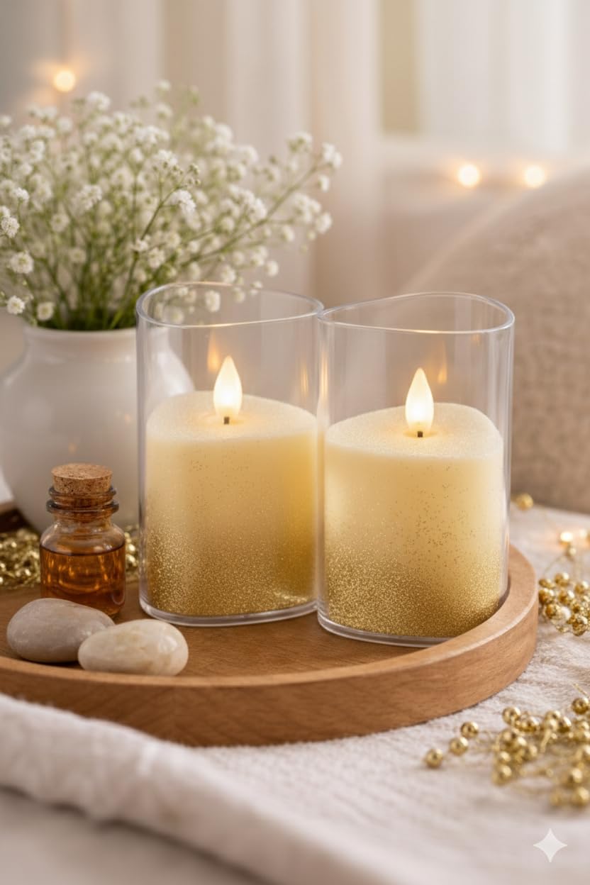 Jamboree!!! Gold Glitter Flameless LED Candle, 5-Inch Battery Operated Triangular Candle with Clear Glass Shell, Realistic Flickering Wick, Warm White Light, Pack of 2-image-16