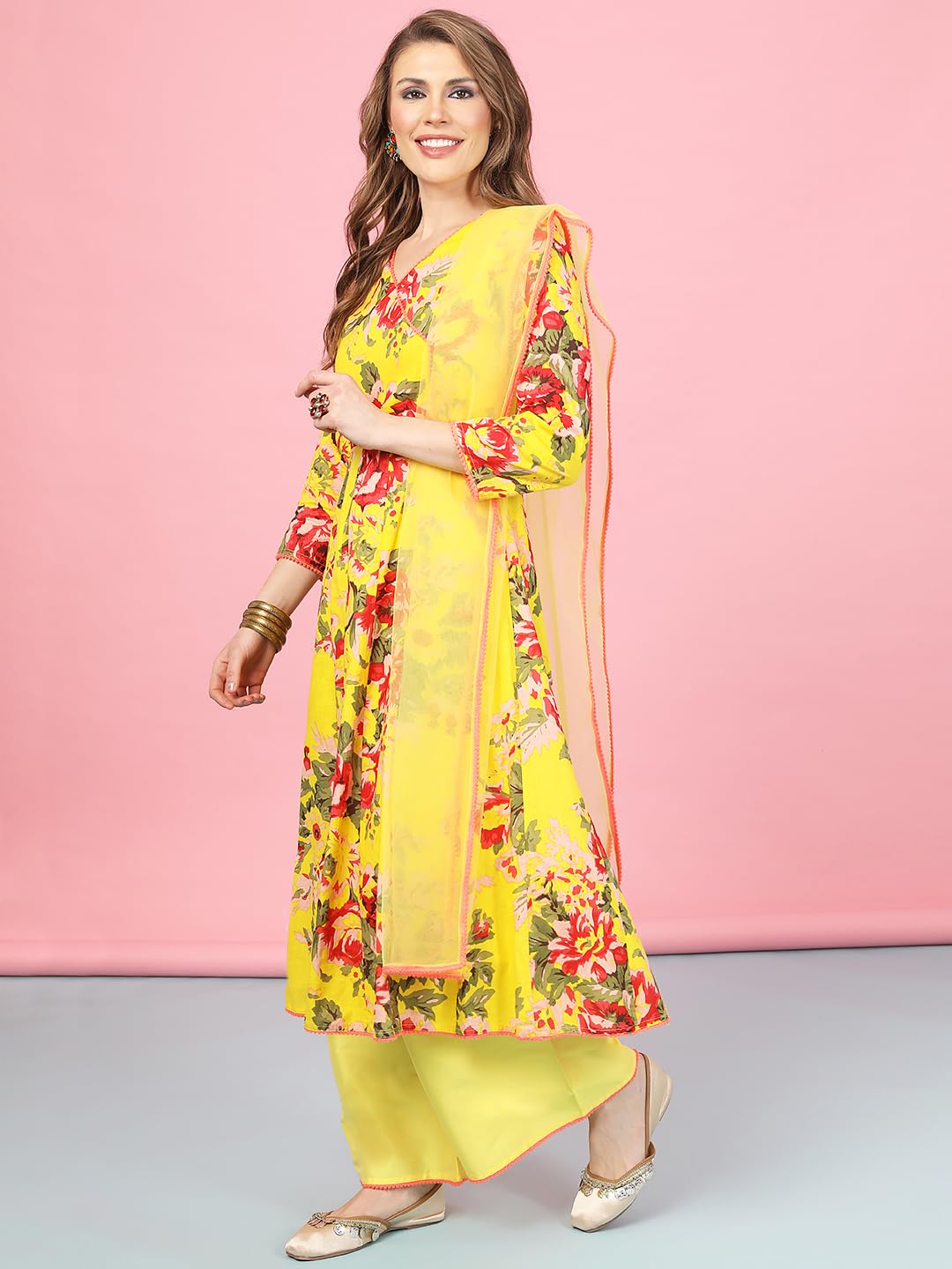 A.T.U.N. (All Things Uber Nice) Women Floral Printed Angrakha Pure Cotton Kurta With Palazzos & Dupatta