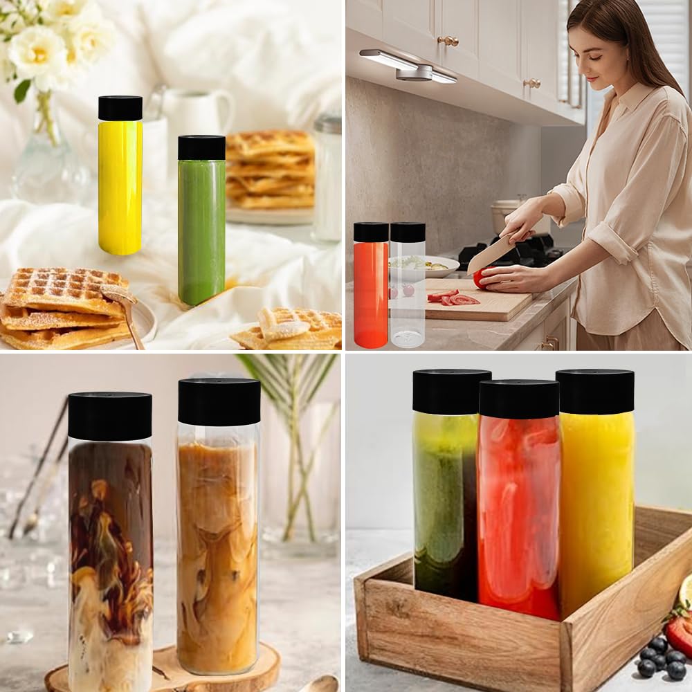 BiBOTLSFLY Lot de 16 bouteilles de jus en plastique transparent réutilisable avec couvercles noirs, idéales pour l'eau, le jus, le lait et d'autres boissons faites maison - 500 ml