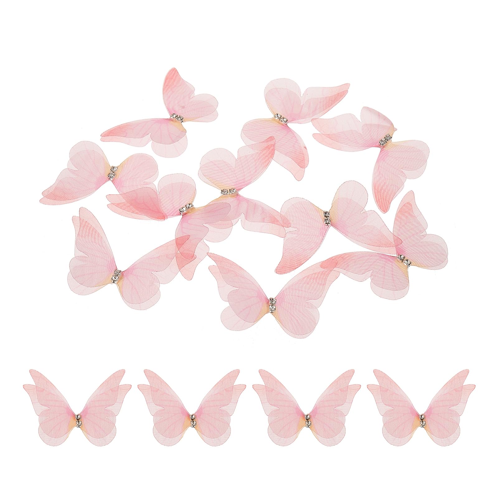 sourcing map 30Pcs Sheer Mesh Butterfly Appliques, 40mm Two Layers Butterflies with Gem Applique Patch DIY 3D Craft Ornament for Wedding Party Home Decor Clothes, Pink