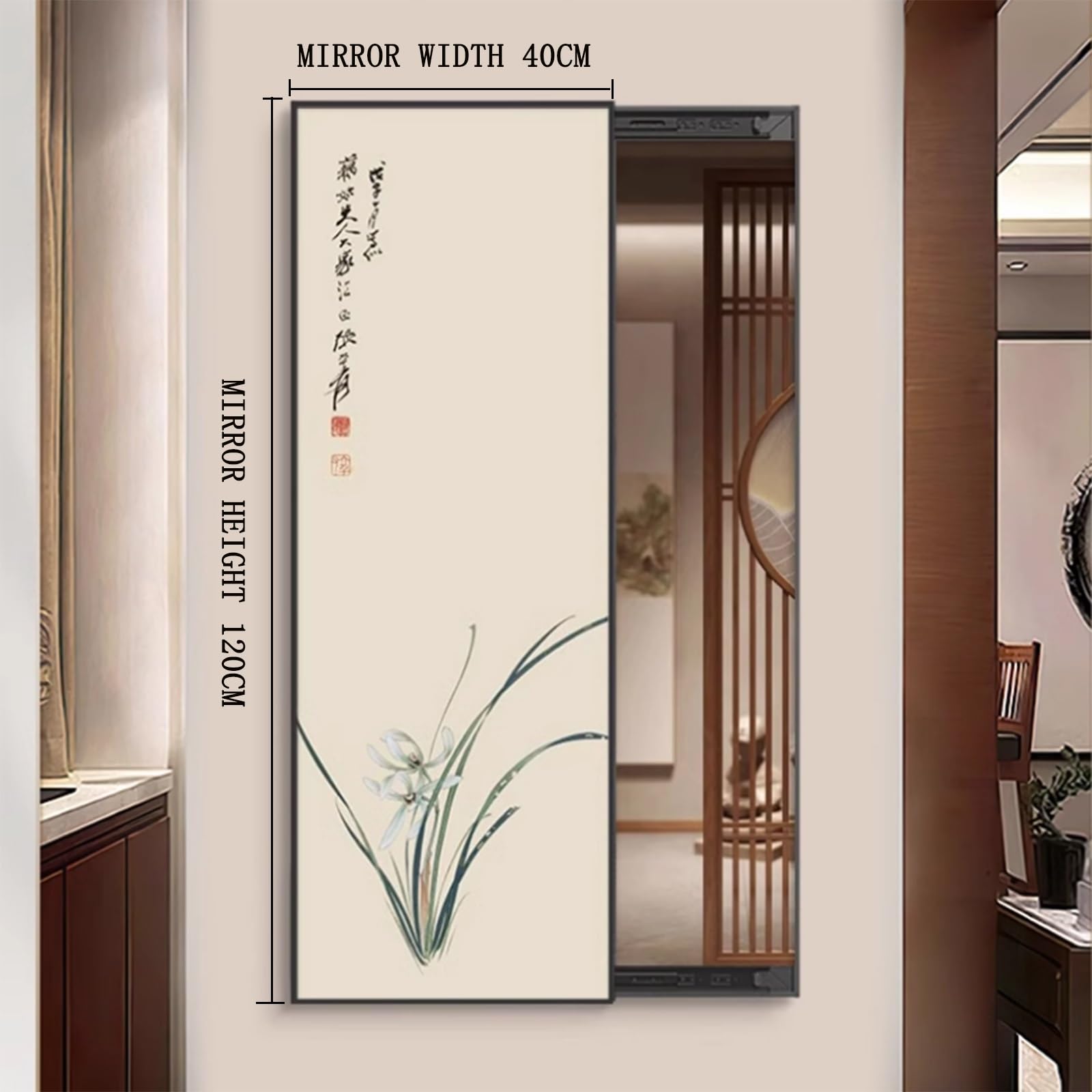 Specchio a figura intera scorrevole nascosto da 35*100 cm, specchio da toeletta invisibile, specchio da toeletta a parete chiudibile con fiore d'inchiostro, cornice in metallo nero(40*120cm(15.75x47.2
