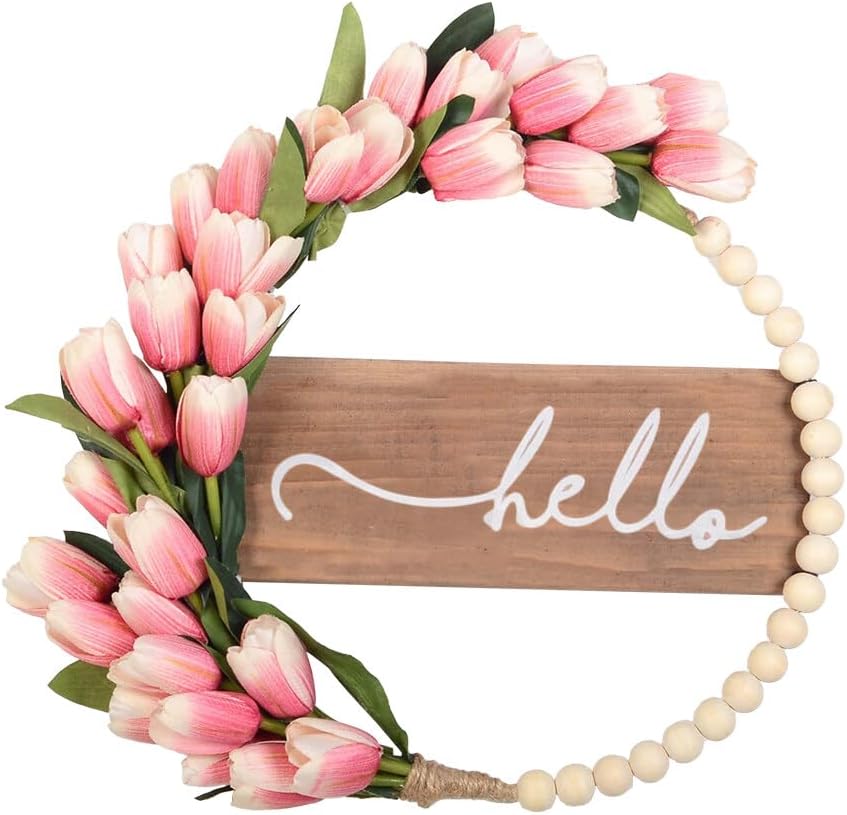 Spring Floral Wreath Boho Wall Decor Front Door Wreath Wood Bead Eucalyptus Leaf Artificial Wreath for Festival Celebration Porch Farmhouse Patio Garden Window Party Home Decor hello Tulip