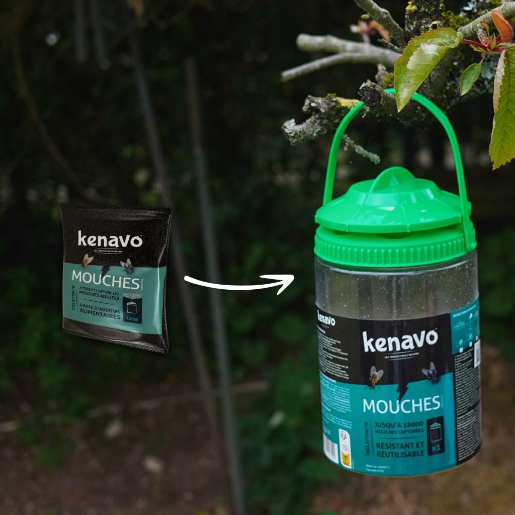 Attractif Mouches 125g KENAVO | Sachet de 4 doses pour piège à Mouches extérieur | Formule Ultra-Attractive à Base d’additifs Alimentaires | Attire et Capture Rapidement Les Mouches Adultes