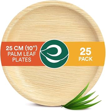 ECO SOUL 25 Palm Leaf Plates 10 25cm Round Large Bamboo Plate I Eco Friendly, Biodegradable, Compostable Heavy-Duty Plate, Disposable Plates for Dinner, Party & Events