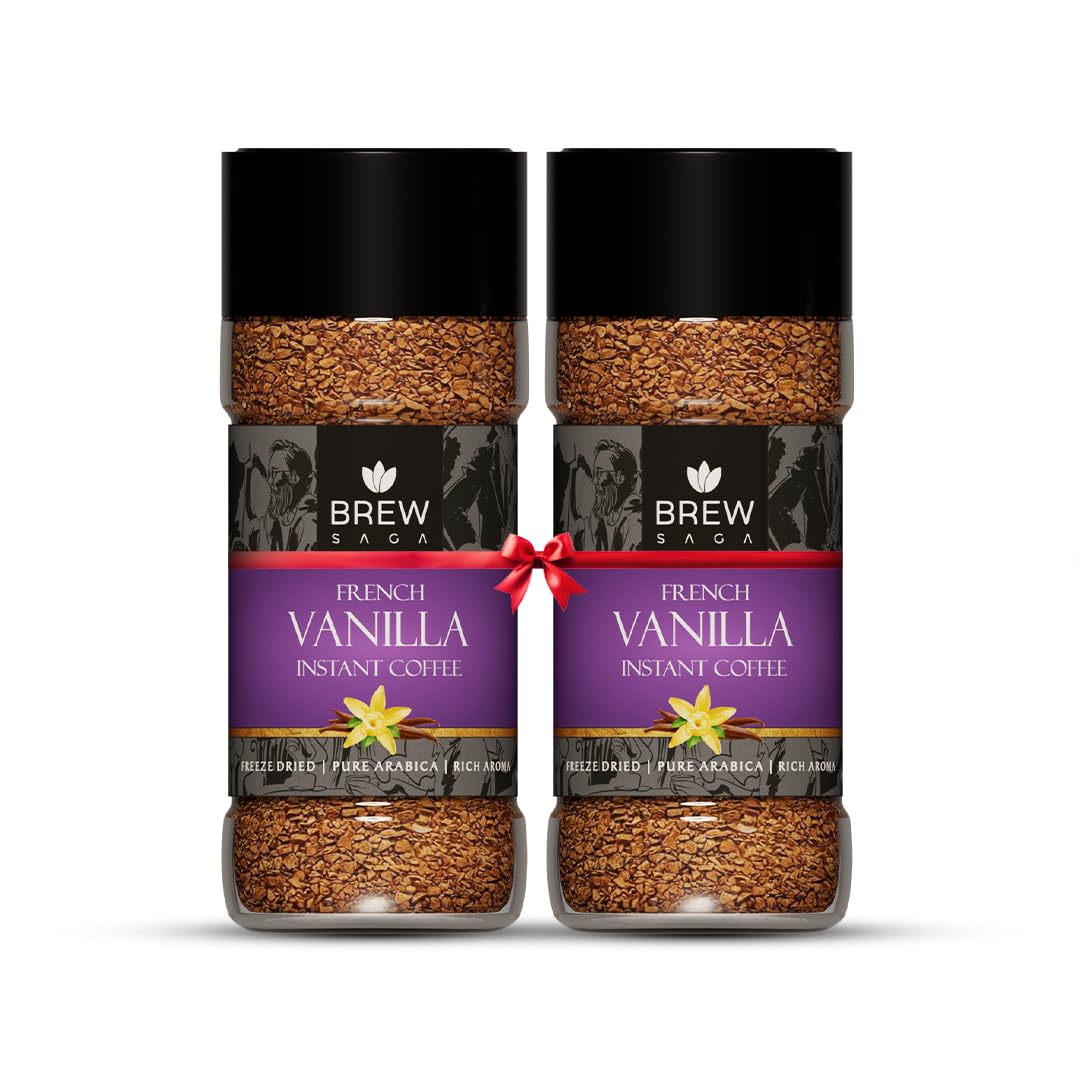 BrewSaga French Vanilla Instant Coffee | Premium Freeze-Dried Arabica Blend | Smooth & Creamy Flavor with Rich Aroma | 2 x 100g Jars | 100% Pure Coffee, No Added Sugar | Cafe-Style Coffee at Home