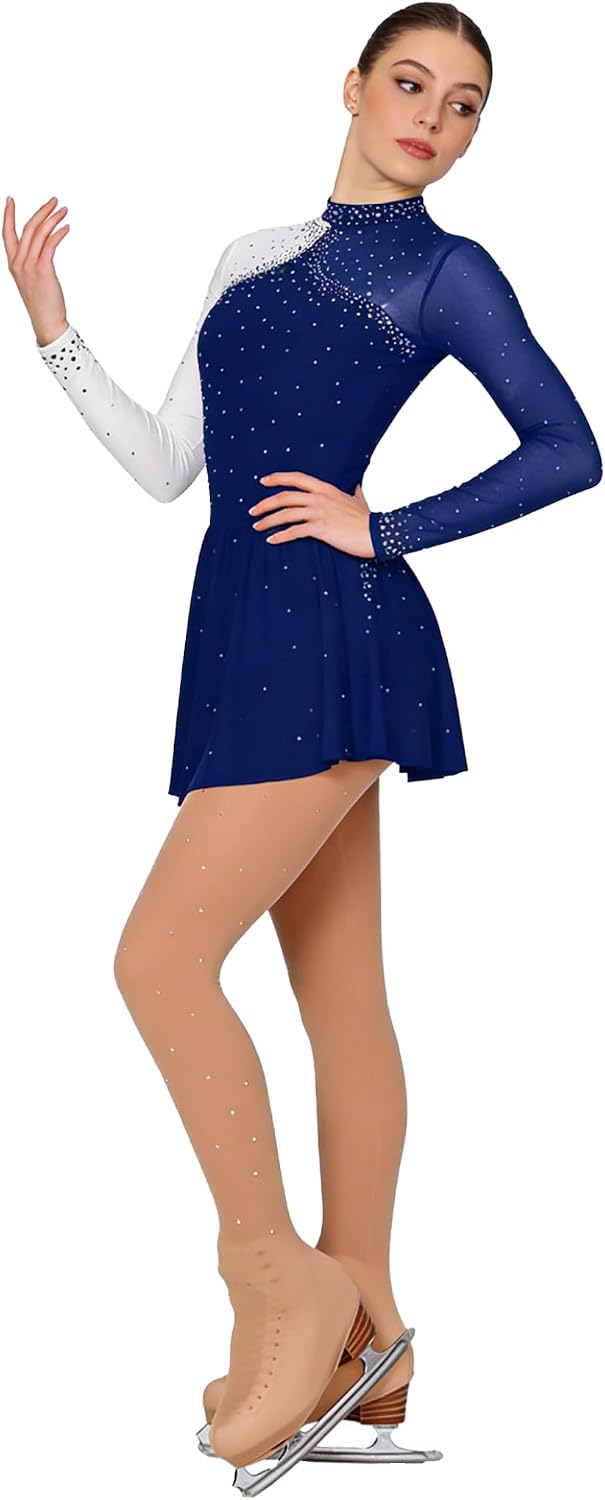 Women Color Block Roller Figure Ice Skating Dress Roller Skating Boot Cover Tights Lyrical Dance Costume