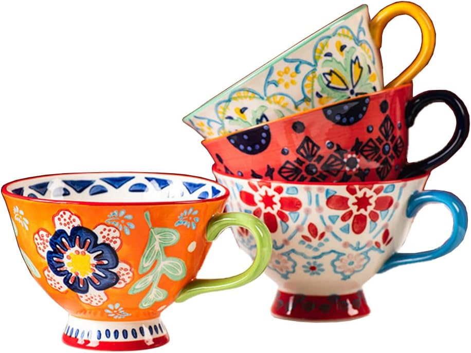Hand-Painted Floral Pattern Large Capacity Ceramic Coffee Mugs - Jumbo Mugs, Tea, Milk, Cereal, Breakfast Cup Set of 4 - 14oz