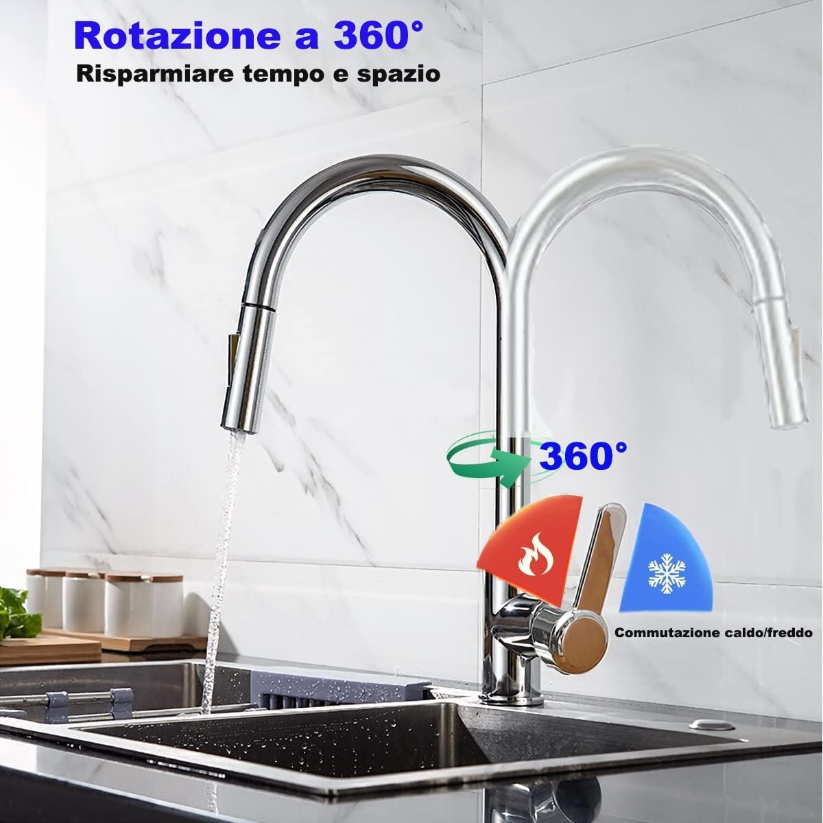 XWIHTR Rubinetto da cucina estraibile, girevole a 360°, rubinetto da cucina in acciaio inox a 2 funzioni, rubinetto da cucina ad alta pressione, miscelatore per lavello (spazzolato)