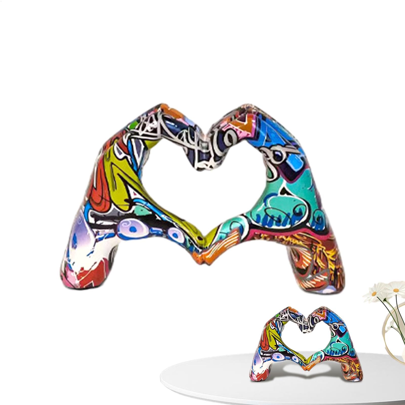 Escultura de manos de corazón – Gesto de amor colorido de graffiti, pintura colorida de corazón, esculturas de mano | Gesto de amor, figuras de arte pop, estante de mesa de boda, decoración de resina