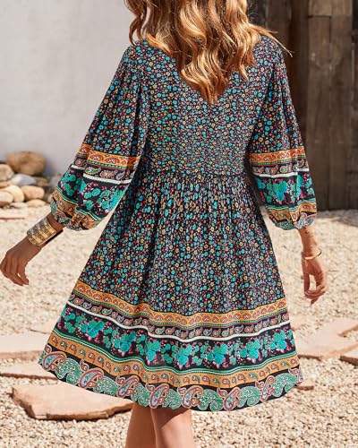 Image of BTFBM Women Casual Spring Summer Dresses V Neck 3 /4 Long Sleeve Ruffle Floral Flowy Boho Babydoll Mini Short Beach Dress