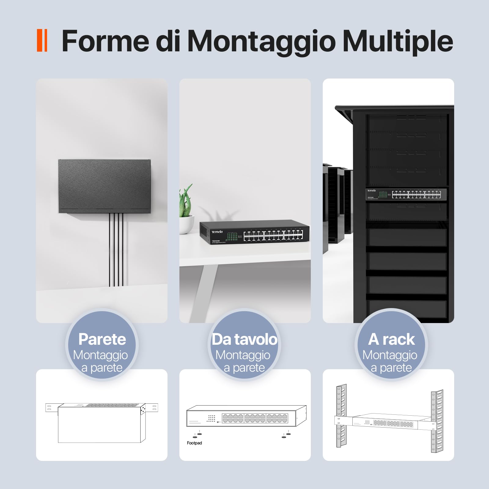 Tenda TEG1024D Switch Ethernet 24 Porte Gigabit, Switch Rete 10/100/1000 Mbps, Montaggio Desktop/Wall/Rack, Protezione Contro i fulmini, Funzionamento Silenzioso, Plug & Play, Metallo