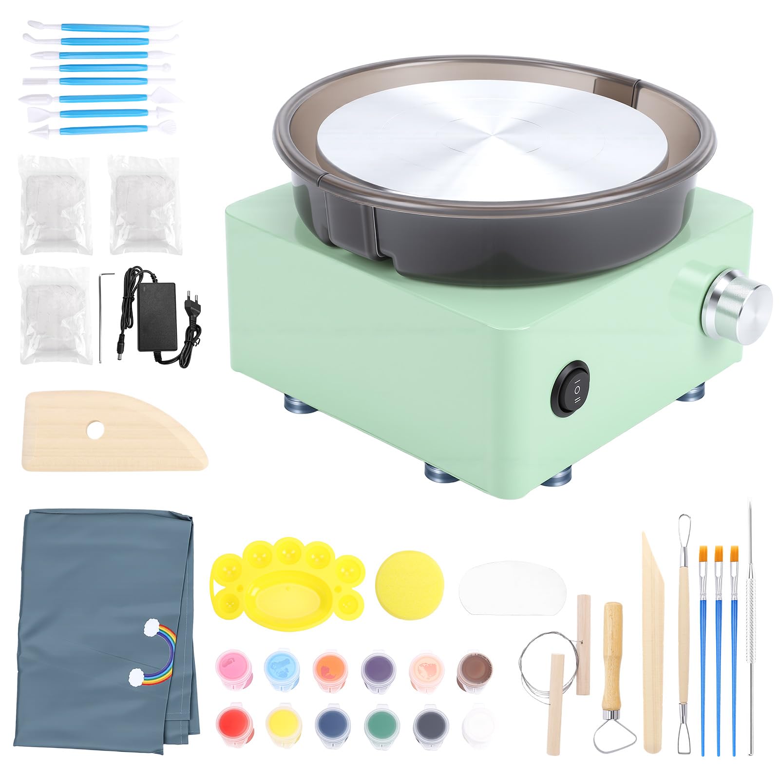 Mini Töpferscheiben Set, Töpferei DIY Maschine mit 15cm Drehscheibe, 2 Wege Rotation, Rutschfeste Basis, Metallrahmen, abnehmbarem Spritzschutz und Töpferwerkzeug Set für Anfänger