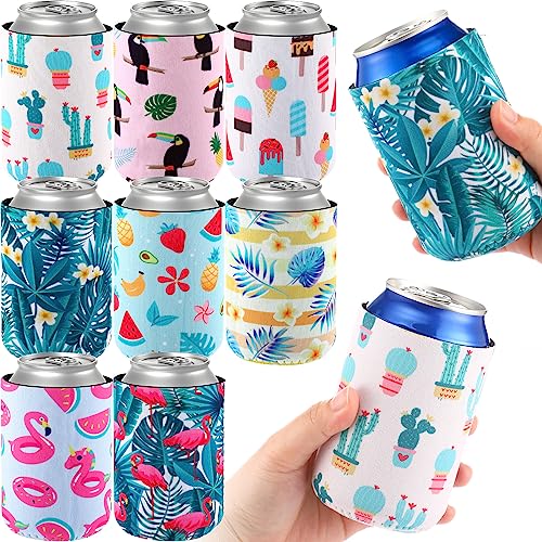 Gerrii 24 Pcs 12 oz Can Cooler Sleeve Insulated Neoprene Can Cooler Beach Themed Funny Summer Sleeves Bulk for Birthday Aloha Party Hawaiian Party Gifts (4 x 2.8 Inch) (Tropical)