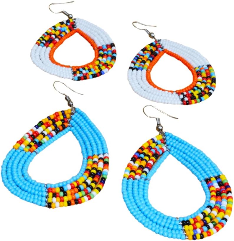 TEMBO AFRICA Set of 2 Maasai Beaded Earrings Handmade African Earrings Length: 3 Inches (with hooks) Boho Jewelry Gifts, AE27