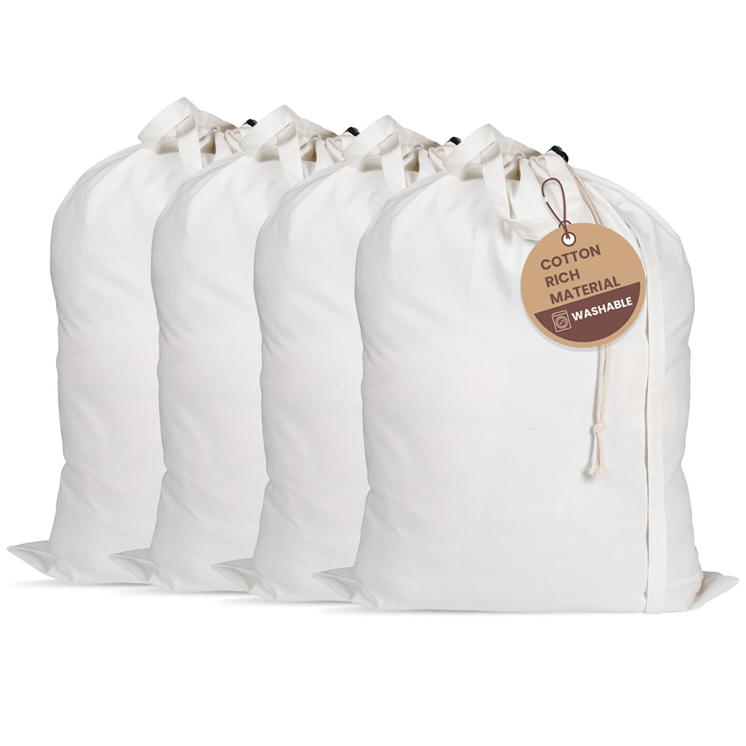 LFH Home Cotton Rich Large Laundry Bag with Handle, Heavy Duty Drawstring Closure Washable Laundry Bags, School Travel, Home, Hotel, College Dorm, Organizer Sack, Toy Clothes 28x36 (Pack of 4)-White