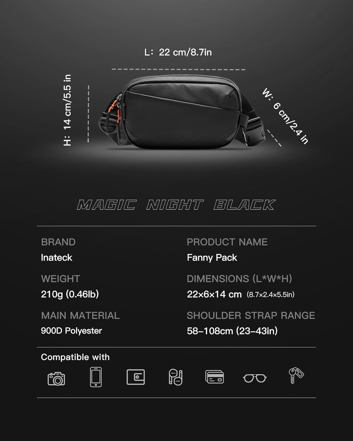 Inateck Sling Bag X-Mini, Durable Fanny Pack with RFID Blocking, Water-resistant Belt Waist Bag with Quick-adjust Strap, Stylish Waist Pack for Men, Women, Travel, Hiking, Cycling, Work, Sports, Black - Image 2