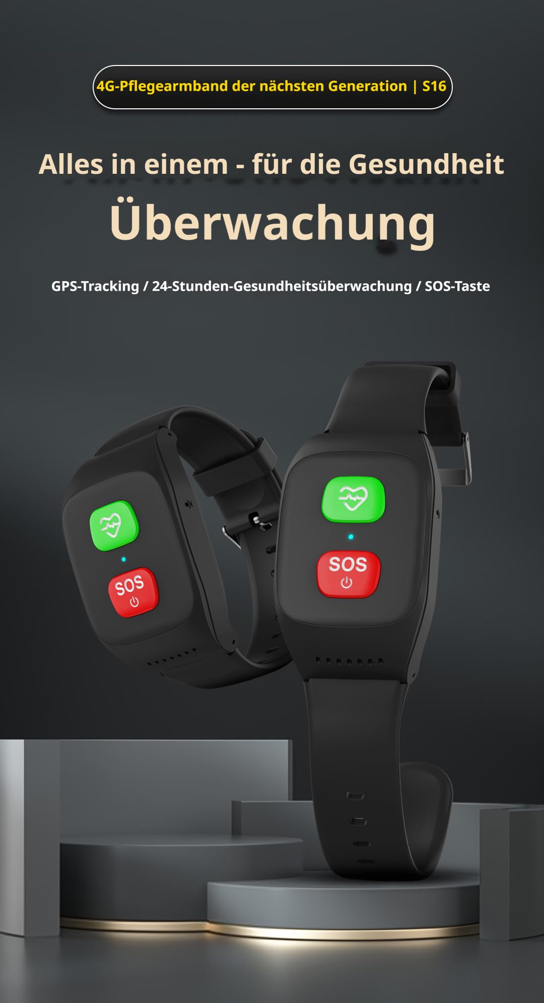 HOTOP Senioren Notruf Armband, GPS Notrufuhr, Sturzerkennung, SIM-Karte | SOS Armband, Persönlicher GPS-Tracker, Hausnotruf für Angehörige, Geschenk